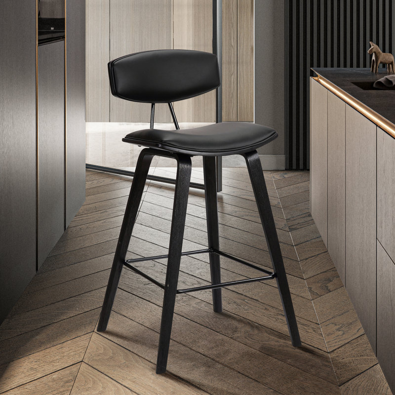 Tellis Mid-Century Modern Armless Stool in Faux Leather and Wood, Black, Black, Counter Height