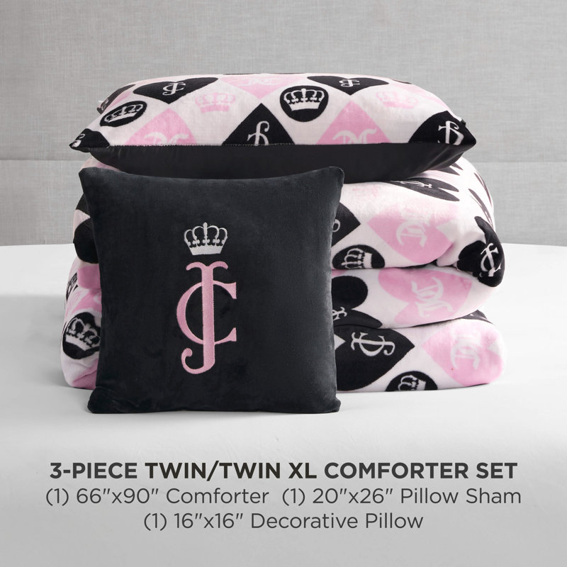 Juicy Couture Plush Heart Logo Reversible Comforter Sets, Twin/Twin XL Comforter + 2 Additional Pieces
