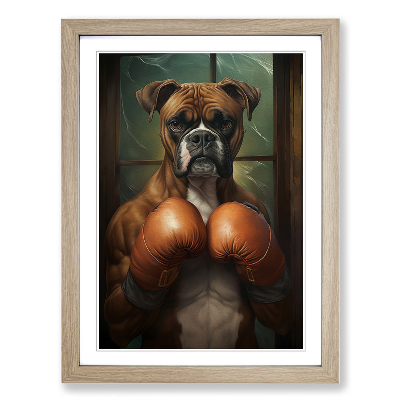 Boxer Dog Nouveau - Framed Print, 46cm H x 34cm W x 2cm D, Oak Framed