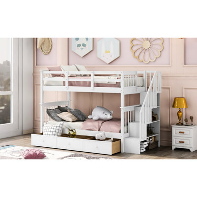 White Stairway Bunk Bed For Twin Beds, Bedroom And Dorm Favorite, Storage Shelves Beneath Stairs, Strong Structure, Guardrail, Slat Kit Included Twintwin Bed, Tone, Selection, Necessities, Frame,
