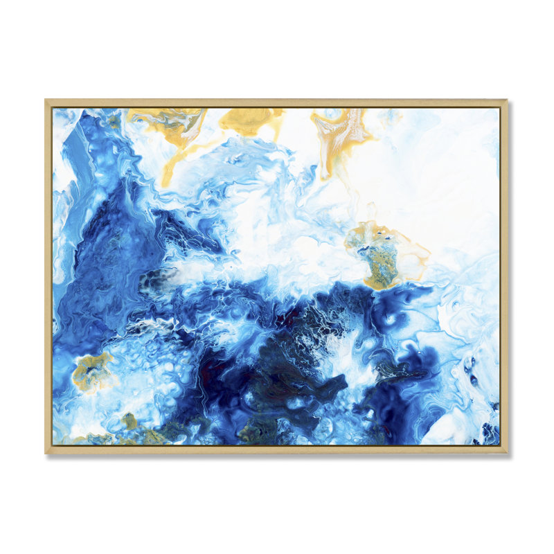«Blue and White Liquide Waves» - Peinture sur toile, H 16 po x l 32 po, Cadre flottant en érable