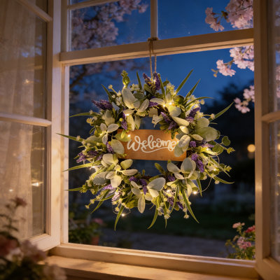 15in  Artificial Spring Wreath with LED Lights & Welcome Sign – Easter Decor, Lavender, Eucalyptus, Rabbit Leaves, Summer Door Wreath for Indoor Outdoor Decoration