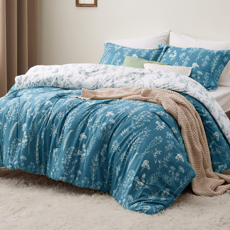 Best Seller Bedsure Comforter Set Reversible Cute Floral Bedding, 89GSM, Teal Blue, Queen
