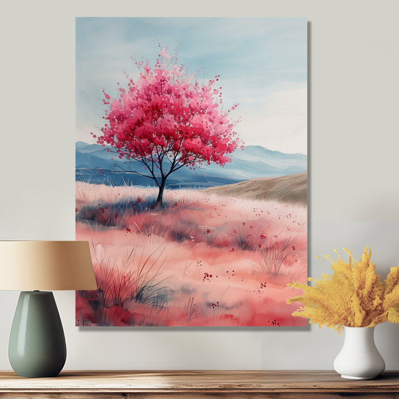 Fleur de cerisier rose bleu pré de prairie I - fleur de cerisier, art mural salon, Métal métal, H 34 po x l 44 po x P 1,5 po