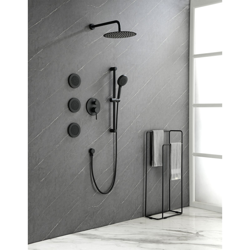 Système de douche avec pomme de douche, douche à main, barre coulissante, jets de corps, bras de douche, tuyau, garniture de valve et poignées à levier