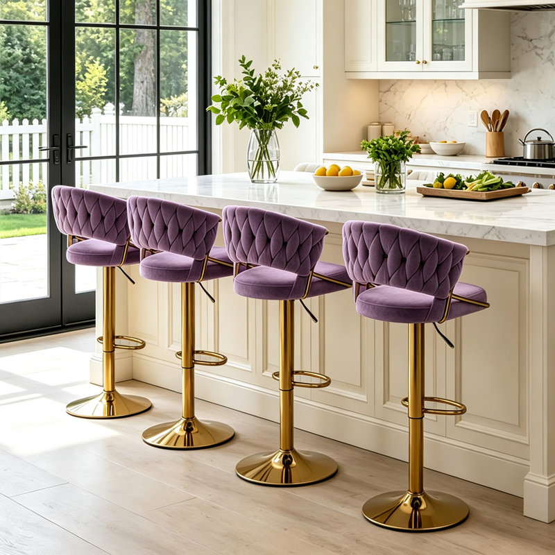 Christal Swivel Upholstered Adjustable Height Counter Stool, Light Purple, Gold