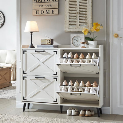 Farmhouse Shoe Storage Cabinet With 4 Flip Drawers, Freestanding Hidden Slim Shoe Rack Organizer For Entryway, Foyer, Hallway