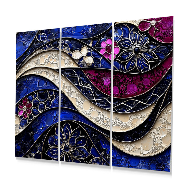 Mauve et bleu, fractale moderne, vagues I, Métal métal, H 28 po x l 36 po x P 1 po