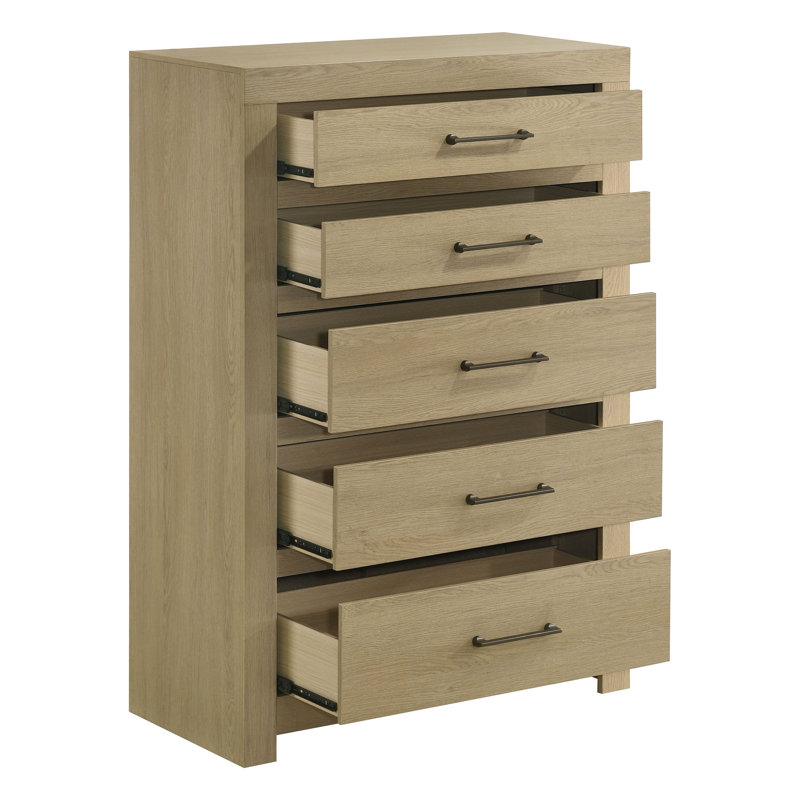 Ensemble de chambre à coucher Callahan en chêne clair, 3 pièces, comprenant une tête de lit bibliothèque, une commode et un chiffonnier.