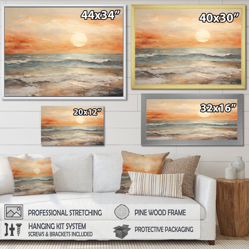 Art sur toile, coucher de soleil sur la plage, H 34 po x l 44 po x P 1,5 po, Cadre flottant doré