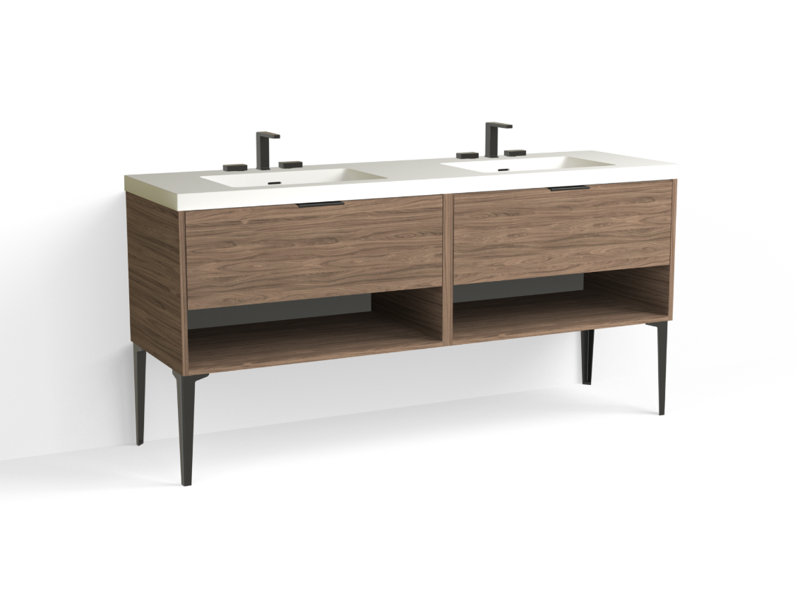 Modo 72" W Freestanding Double Bathroom Vanity with Dean Leg, Matte White/8" Widespread, Nocino, Matte Black