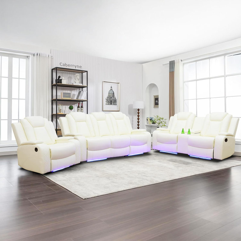 Drady 3 - Piece Faux Leather Living Room Set with LED Lighting and Wireless Charger, White
