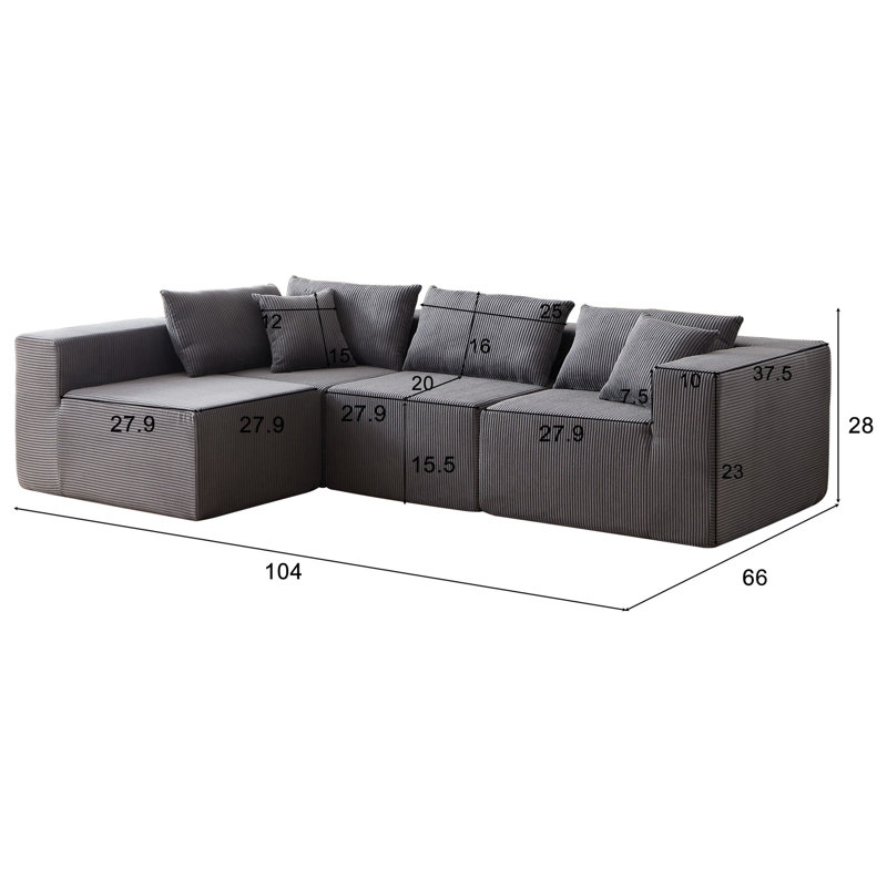 Canapé-lit modulaire 4 pièces pour salon, Velours côtelé gris
