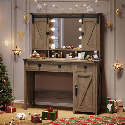 Farmhouse Makeup Vanity with Lights & Barn Doors, Vanity Desk with Mirror, Charging Station, Jewelry Hooks & Open Shelves for Storage