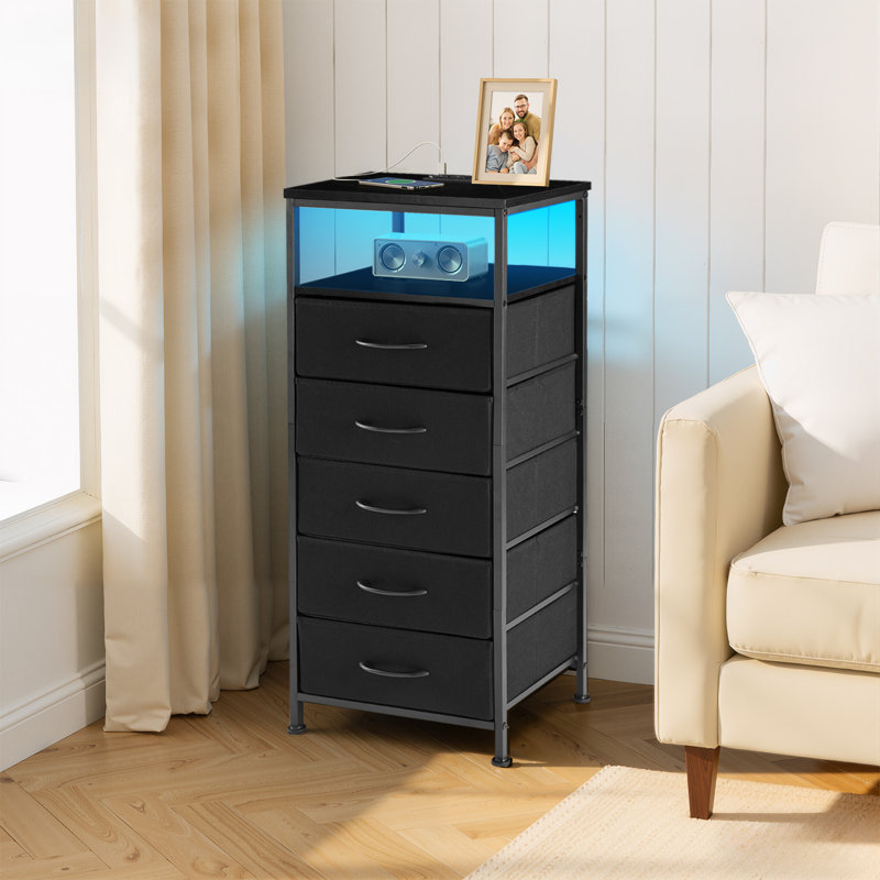 Nightstand With Charging Station, Bedside End Table With 5 Fabric Drawers & USB/Type-C Ports And Outlets, Night Stand For Bedroom Furniture, Adjustable Feet And Variable Light Strip