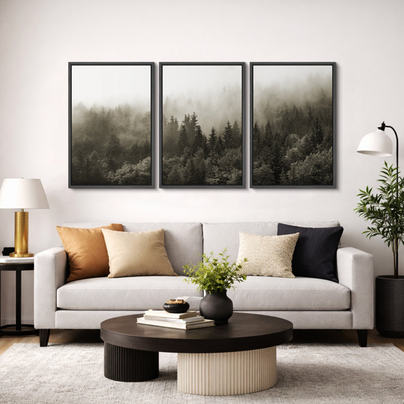 Misty Forest Landscape "Nature Pine Tree Artwork, Modern Woodland Nursery Wall Decor, Large Framed Canvas Giclee Print 3 Pieces Wall Art Set"  16x24x3 pcs, 24x36x3 pcs 