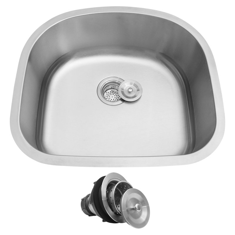  23"W x 21"L Undermount Single D Bowl Stainless Steel Kitchen Sink with Basket Strainer