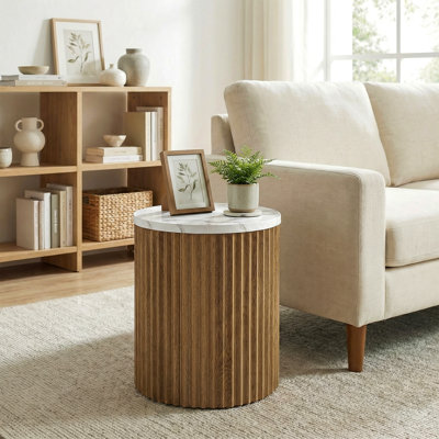 Round Side Table with Faux Marble Tabletop and Fluted Base