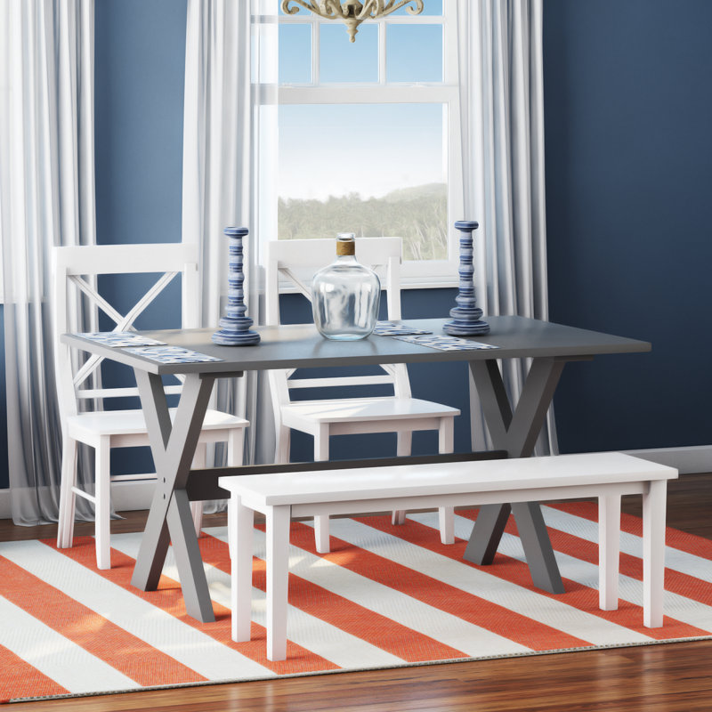Ensemble repas pour 6 personnes Bengte, 4 pièces : 1 table, 2 chaises, 1 banc, Gris, Blanc