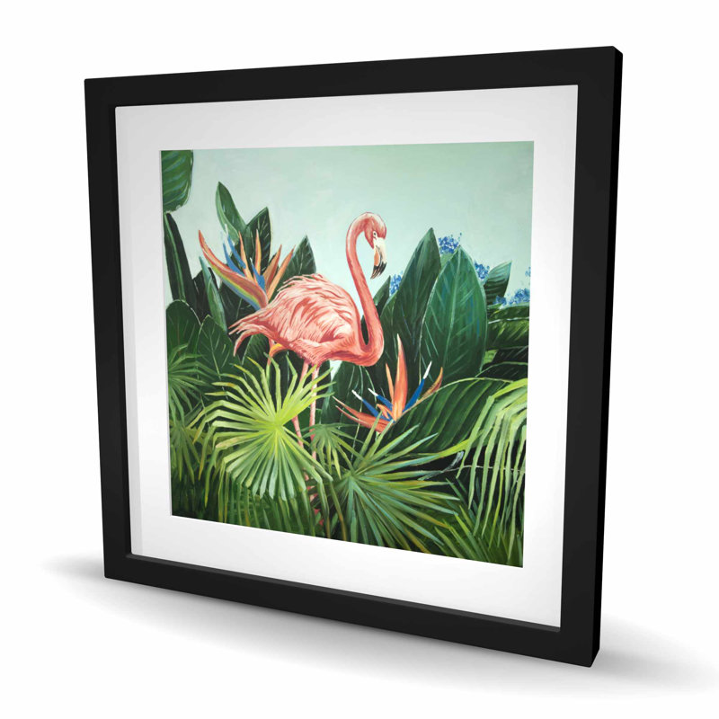 Flamant tropical - reproduction encadrée avec passe-partout pour la décoration intérieure, Noir