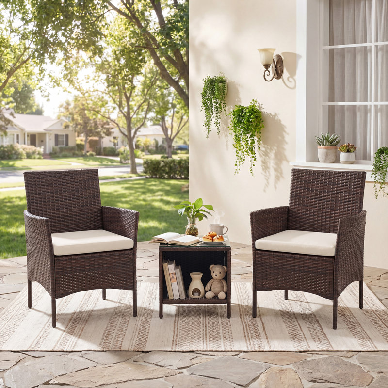 Ensemble de conversation pour 2 personnes en osier de patio avec table d'appoint, Beige