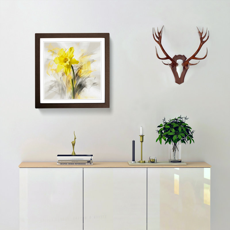 Daffodil Gestural Art - Single Picture Frame Print on Wood, Walnut