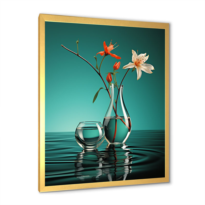 Vase de fleurs turquoise - impression, H 20 po x l 12 po x P 1 po, Cadre doré simple