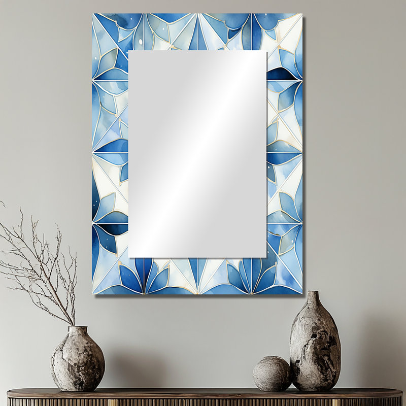 Tacora Vintage Blue And White Mosaic Geometric - damask  Wall Mirror, Damask Decorative Mirror, Printed Metal Art, 32" x 24"