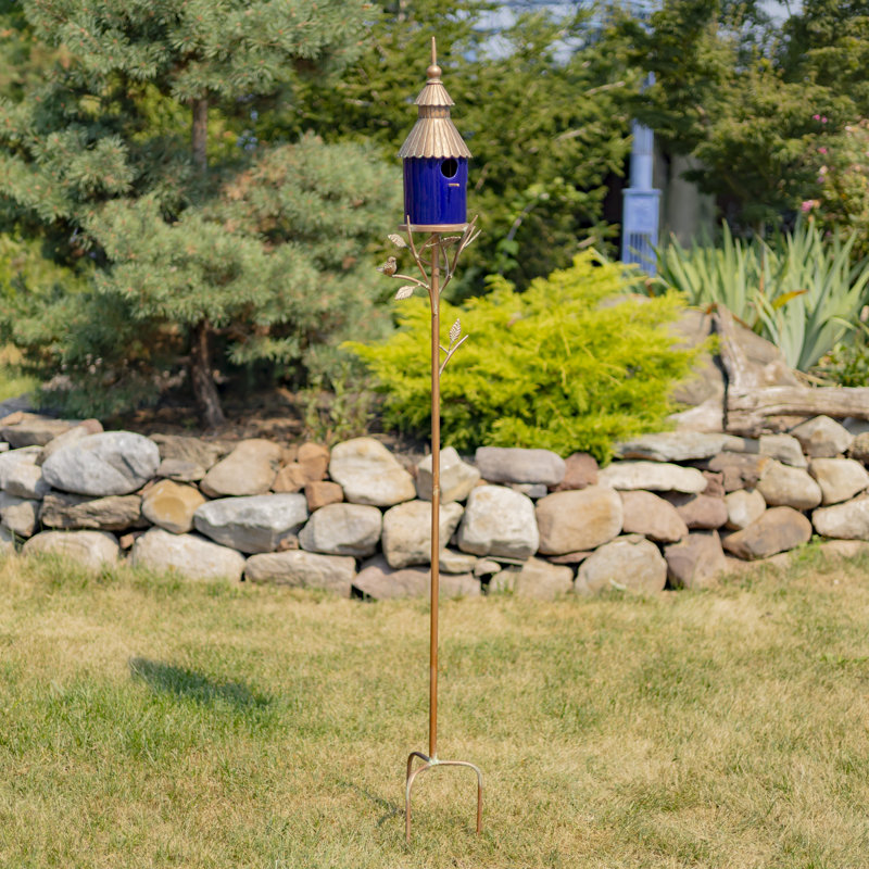 69" Tall Iron & Cobalt Blue Porcelain Birdhouse Stake "Bjarmi"