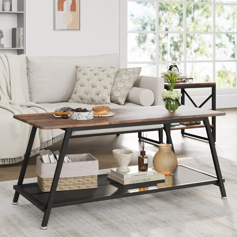 Table basse à 2 niveaux avec tablette de rangement et table de bout rectangulaire pour petit salon