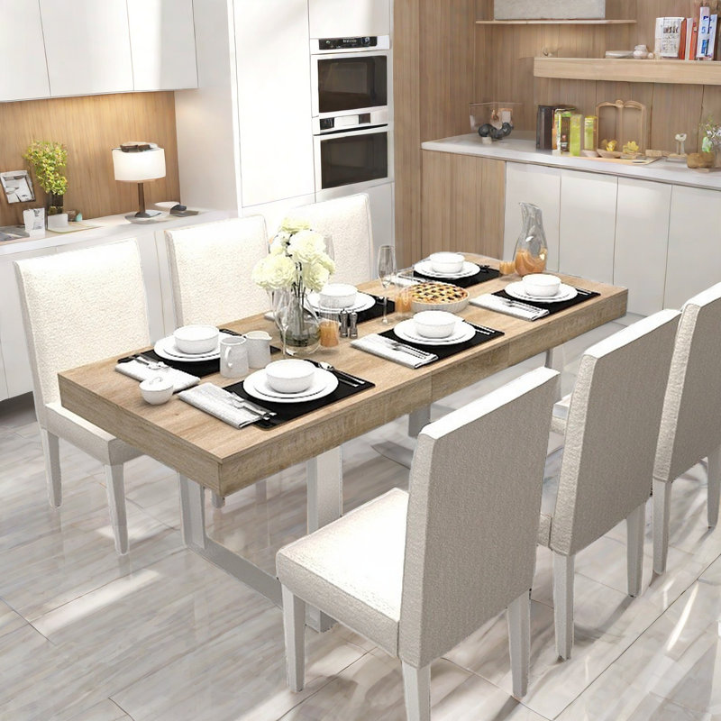 Farmhouse Extendable Dining Table With Smooth Guide Rails And White Legs