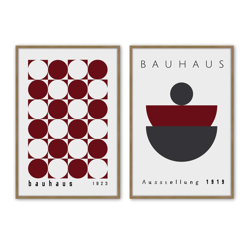 Ensemble de 2 impressions bourgogne bourgogne bauhaus, Cadre doré brossé, H 21,5 po x l 33,5 po x P 1,25 po
