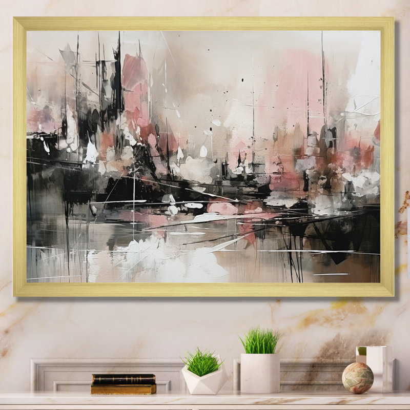 Pink Black Minimalims Fludity I Framed On Canvas Print, Gold Single Picture Framed, 30" H x 40" W x 1.5" D