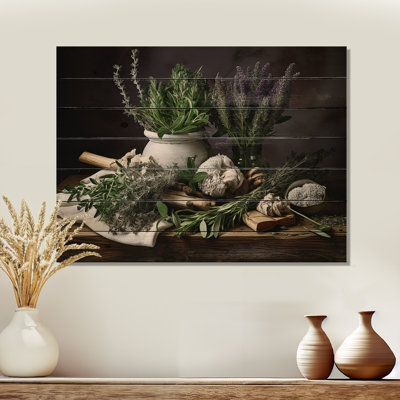 Nature morte au bouquet de fines herbes - Art mural en bois sur bois de pin naturel
