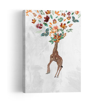 Whimsical Autumn Giraffe Abstract Contemporary Flower Landscape Wall Art Print 1 Piece Wrapped Canvas Wall Art