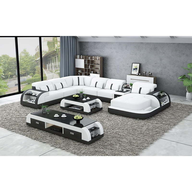 Lotario Upholstered U-Shaped Sectional Right Hand Facing, White/Black Genuine Leather, Right Hand Facing