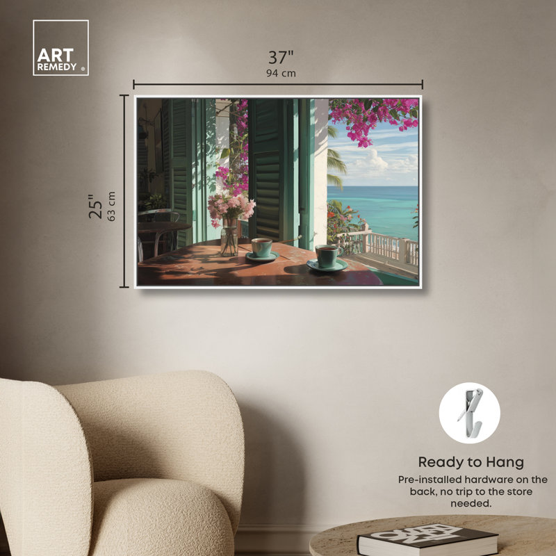 «Morning Coffee Ocean View», reproduction d'art sur toile encadrée par Art Remedy, cadre blanc, 36 x 24, 25"H x 37"W