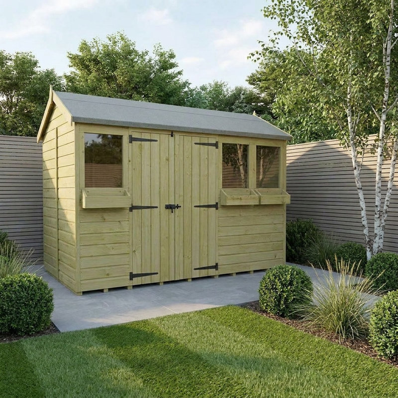 Total Sheds 14ft x 6ft Apex Summer Shed - Toughened Glass External Planters - Pressure Treated Timber - UK Manufactured