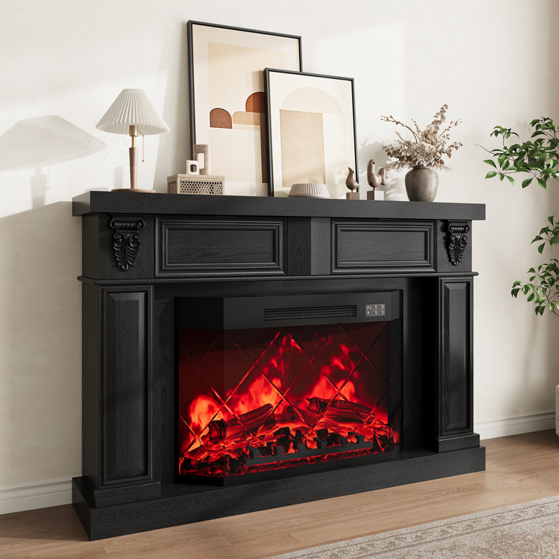 Meuble télé de style ferme avec foyer électrique en forme de losange de 142 cm (56 po), console multimédia avec manteau sculpté romain et 2 tiroirs de rangement, compatible avec les téléviseurs jusqu'à 165 cm (65 po).