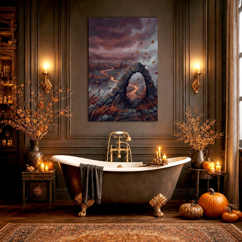 Arche de pierre au-dessus d'une rivière avec des feuilles mortes - Toile murale d'Halloween, 24"H x 16"W