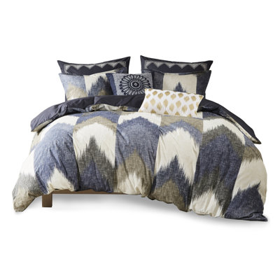 Elegant Full/Queen Cotton Bedding - Printed Duvet Cover With Solid Reverse And Pattern 2 Matching Shams Button Closure Treatment Corner Ties For A Relaxing Bedroom 3 Piece Design Finish Comfy Sleep
