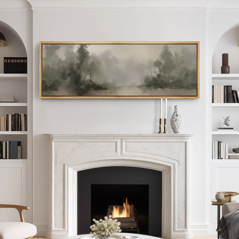 Large Framed Canvas Print Wall Art - Neutral Abstract Forest Landscape Print for Vintage Home Decor, 20" H x 60" W, Natural
