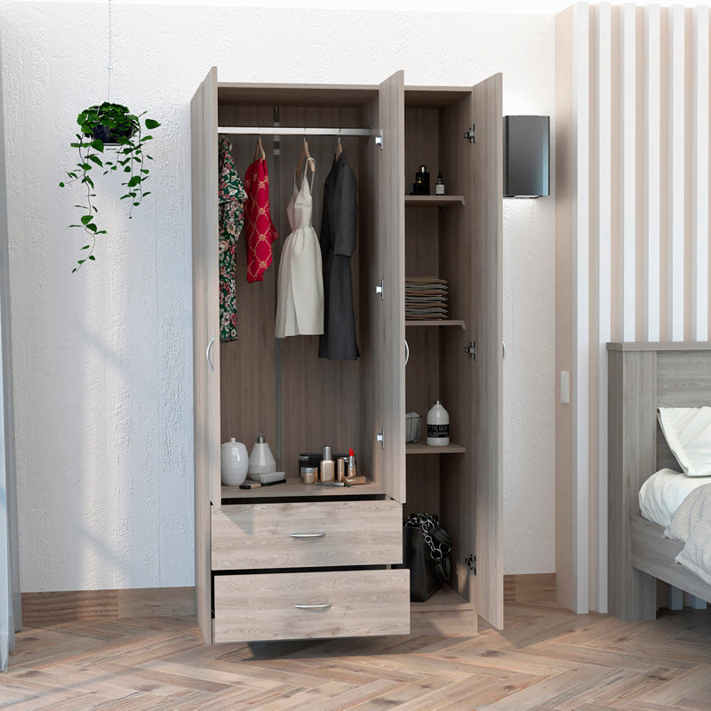 Armoire 3 portes avec tiroirs, tablettes et tringle, Light Gray