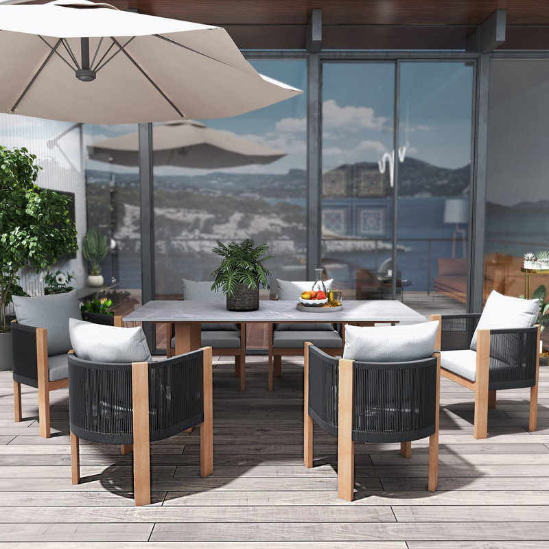 Ensemble repas d'extérieur 7 pièces avec chaises en corde tissée et plateau en faux marbre pour 6 personnes (70,9 po)