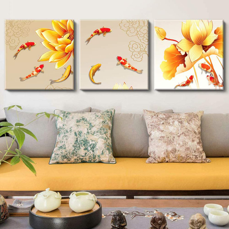 " Lotus And Carp " 3 - Pieces, 12" H x 36" W x 1.5" D