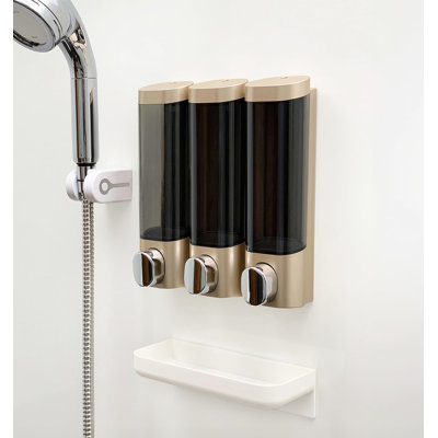 Distributeur de savon de douche de luxe avec plateau, distributeur de shampooing et de revitalisant sans ruban avec bandes de fixation, distributeur de savon de douche avec étiquettes, distributeur de shampooing pour mur de douche (doré)