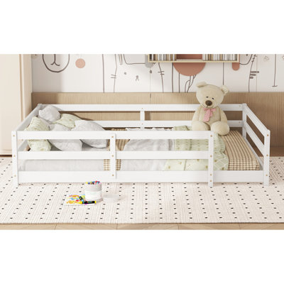 Pine Wood Full Size White Floor Bed With Fence, No Foundation, And Fun Space Of Wood, Fence For , Comfortable Multi - Purpose