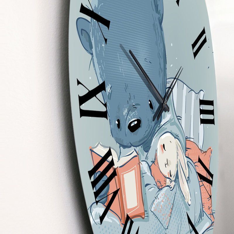 Cute Cartoon Teddy Bear with Little White Hare - Children's Art Wall Clock, Medium