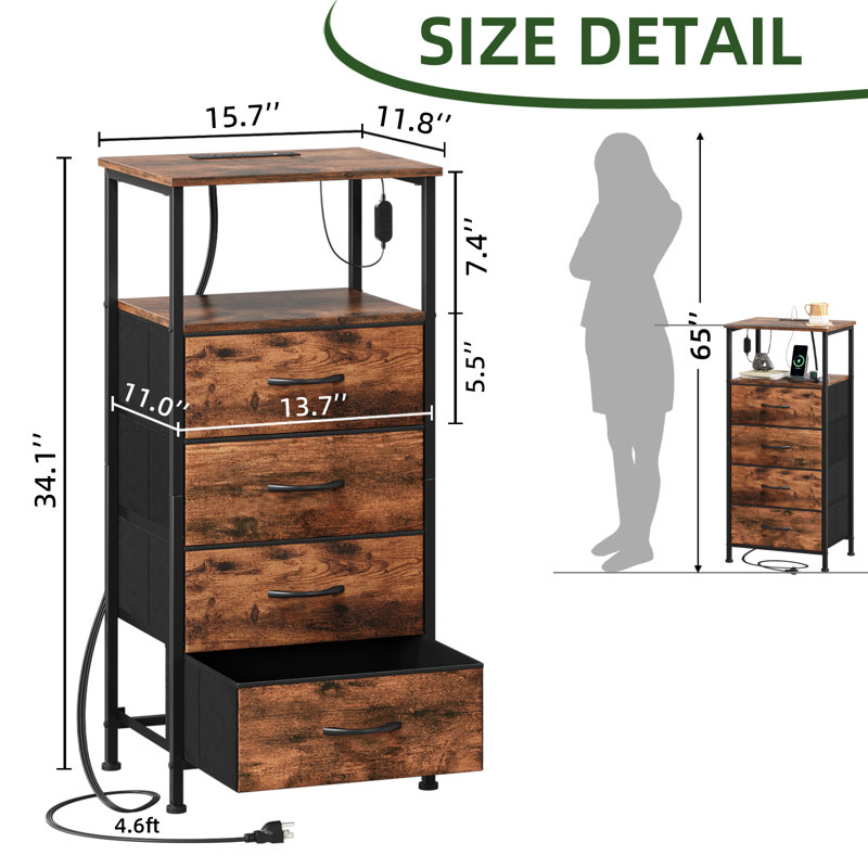  Commode pour chambre à coucher, table de chevet 4 tiroirs avec station de charge, DEL et tablette ouverte, imprimé grain de bois
