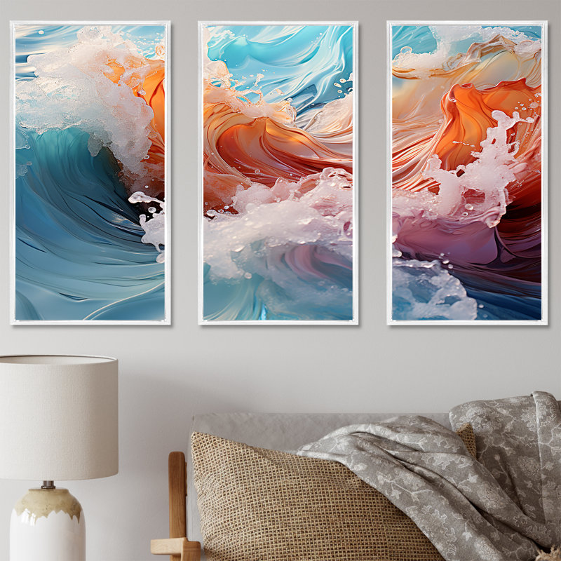 «Beach Waves Fusion I», ensemble d'art sur toile, H 40 po x l 60 po x P 1 po, Cadre flottant blanc